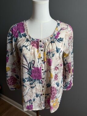H&M Cream Floral Button-Down Blouse with Pink and Yellow Accents